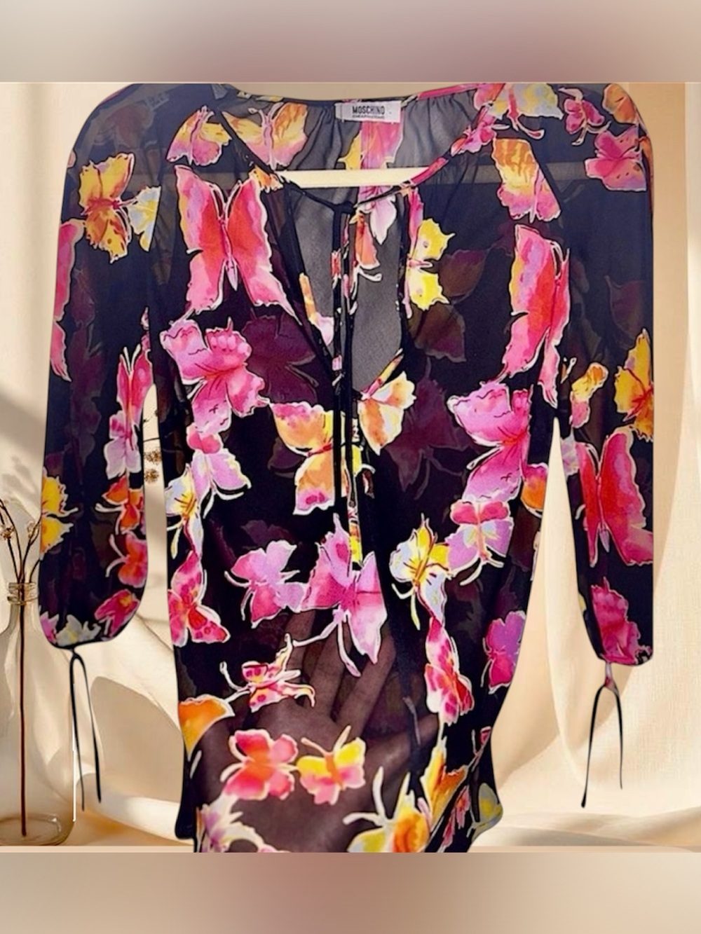 Vintage Moschino Butterfly Print Sheer Blouse Black Pink Y2K Chiffon Top - Picture 8 of 9
